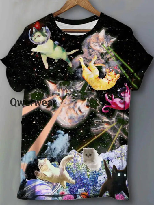 Fun Cat Print Crew Neck T-Shirt multicolor / S Women\’s Tops