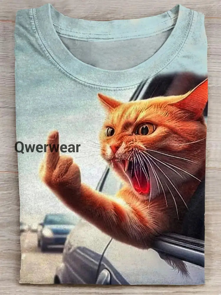 Funny Angry Cat Art Print Casaul T-shirt Round Neck / S