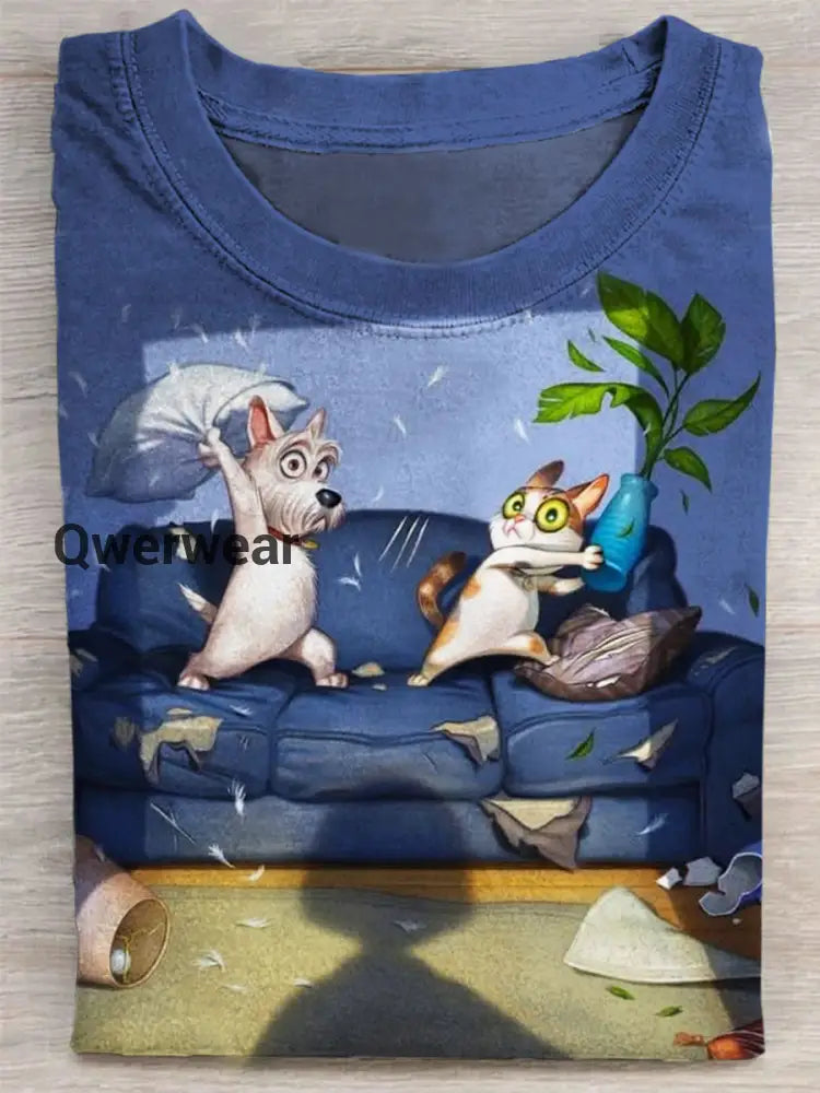 Funny Cat and Dog Printed Casual T-shirt Multicolor / S