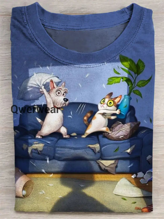 Funny Cat and Dog Printed Casual T-shirt Multicolor / S