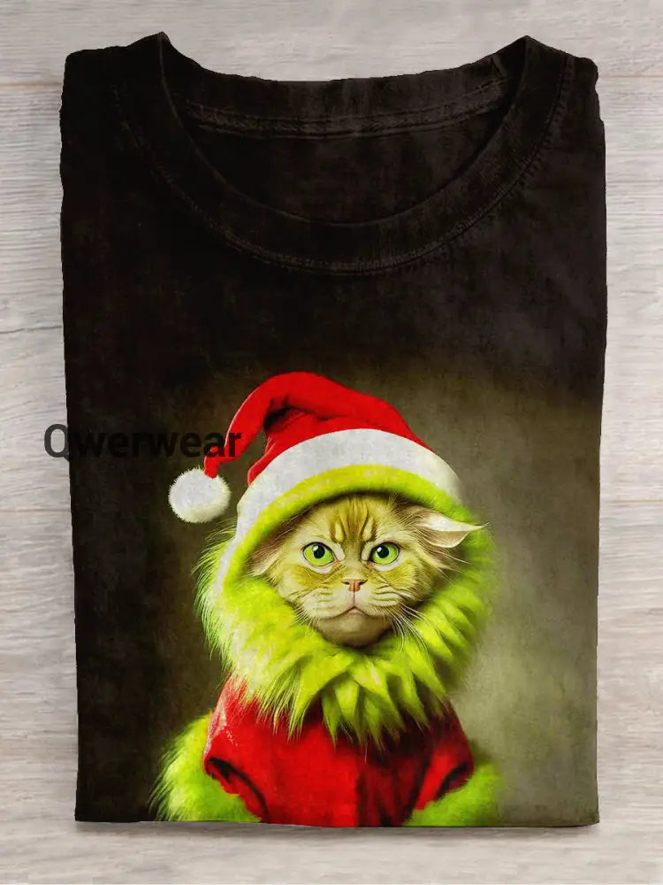 Funny Cat Christmas Art Print Unisex Crew Neck Short Sleeve Casual T-Shirt Brown-green / S