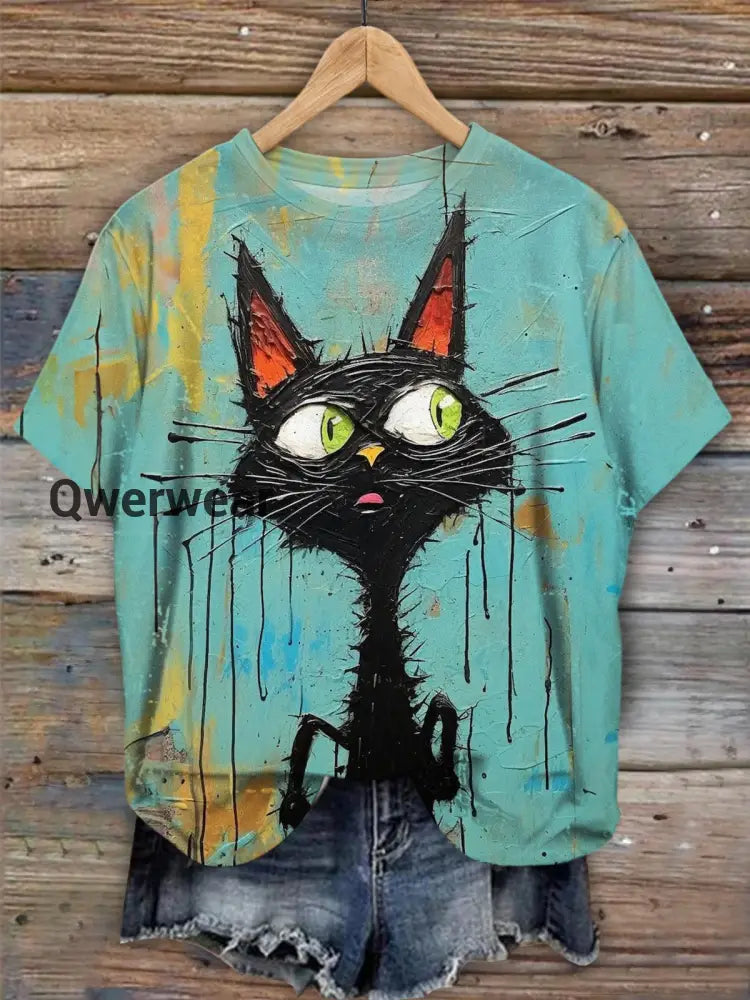 Funny Cat Crew Neck T-shirt As Picture / S Women\’s Tops