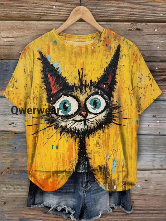 Funny Cat Crew Neck T-shirt Mixed Color / S Women\’s Tops