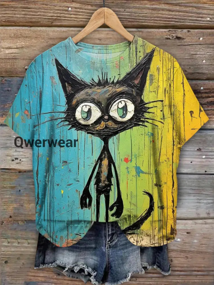 Funny Cat Crew Neck T-shirt multicolor / S Women\’s Tops