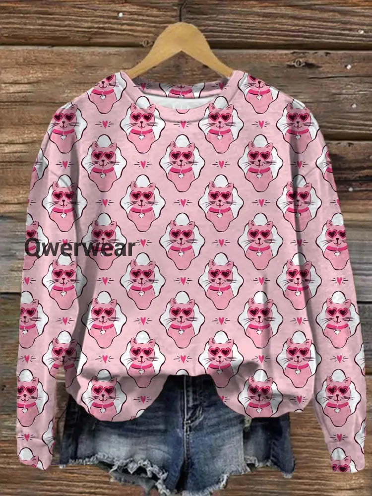 Funny Cat Love Glasses Printed Long Sleeve Casual Top Mixed Color / S