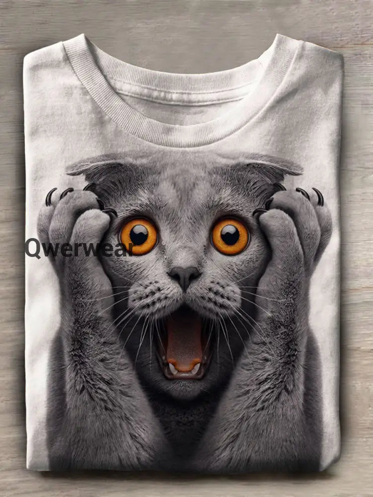 Funny Cat Print Casual Short Sleeve Top Multicolor / S
