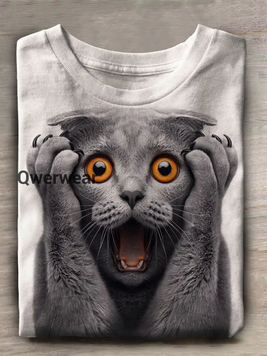Funny Cat Print Casual Short Sleeve Top Multicolor / S