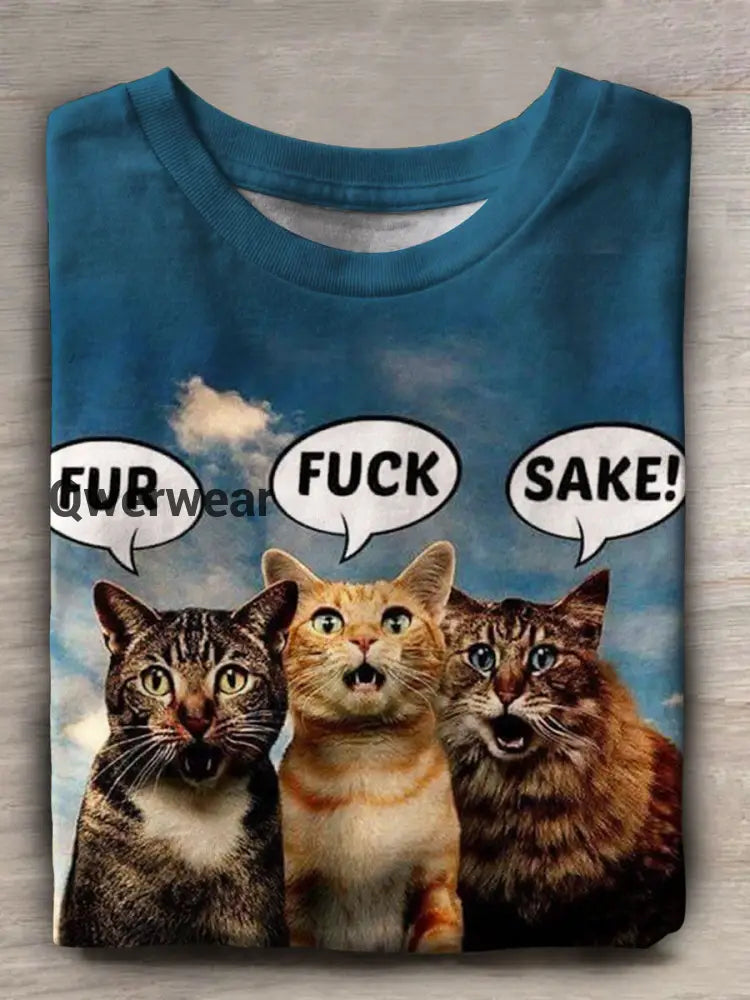 Funny Cat Print Casual Short Sleeve Top Multicolor / S