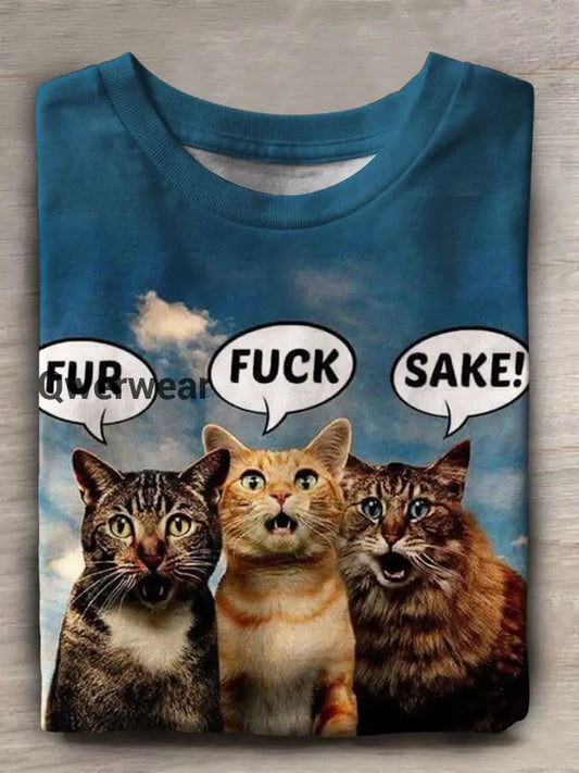 Funny Cat Print Casual Short Sleeve Top Multicolor / S