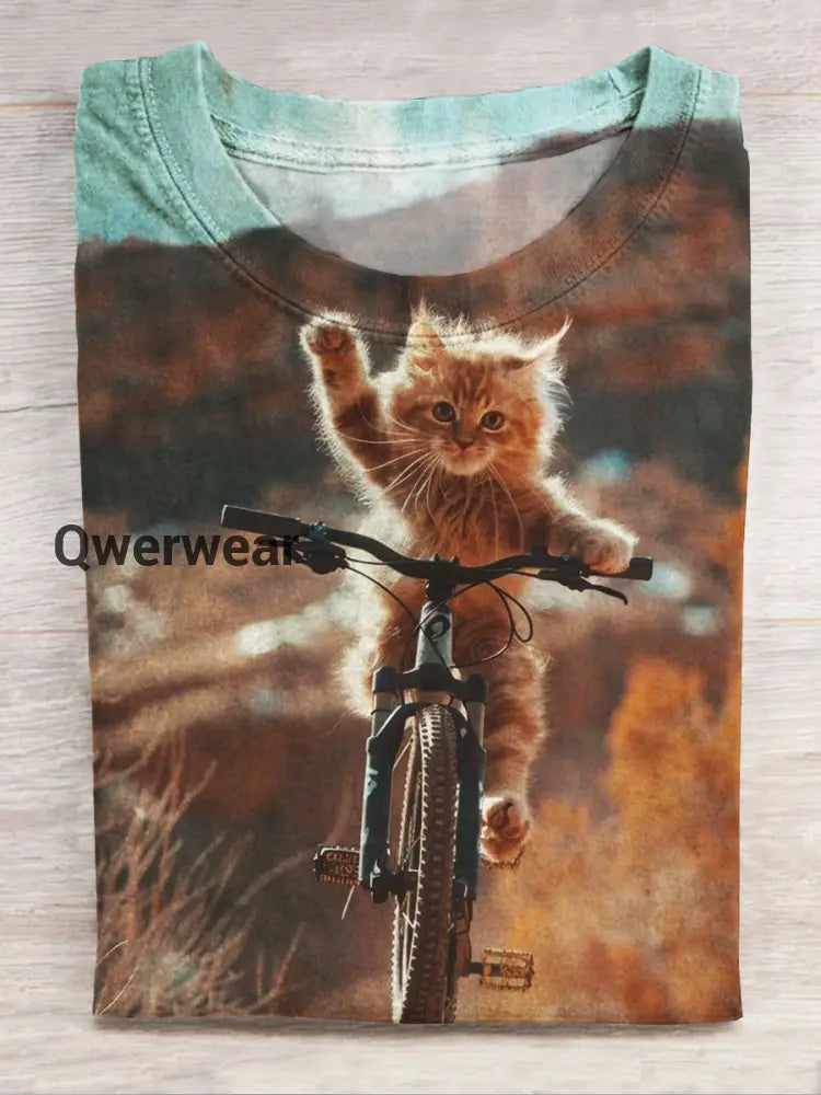 Funny Cat Print Casual Short Sleeve Top Multicolor / S