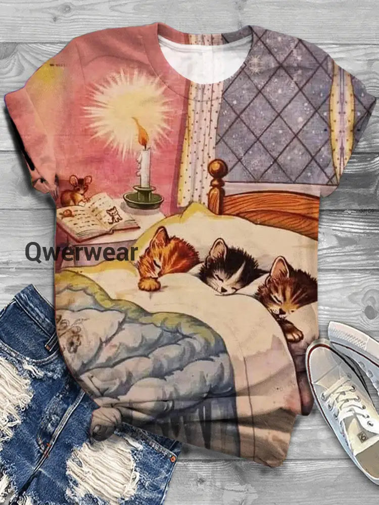 Funny Cat Print Crew Neck T-shirt Mixed Color / S Halloween