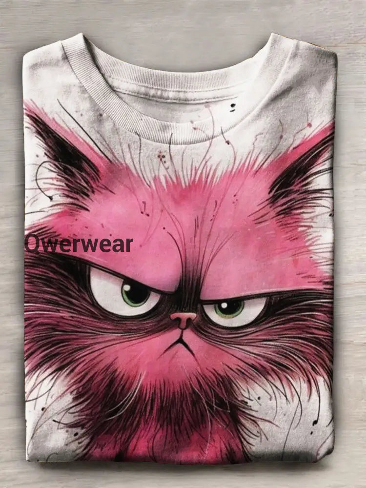 Funny Cat Print Crew Neck T-shirt Mixed Color / S Women\’s Tops