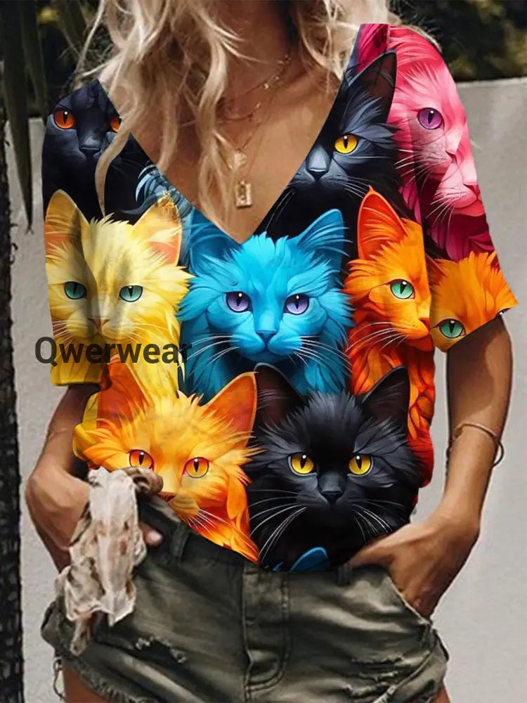 Funny Cat Print V Neck Short Sleeve T-Shirt multicolor / S Women\’s Tops