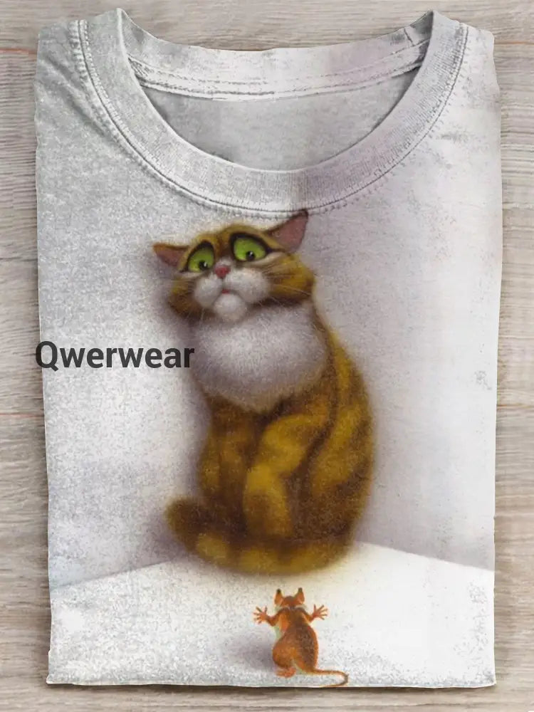 Funny Cat With Mouse Art Print Casaul T-shirt Multicolor / S