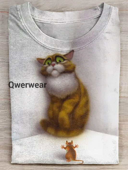 Funny Cat With Mouse Art Print Casaul T-shirt Multicolor / S