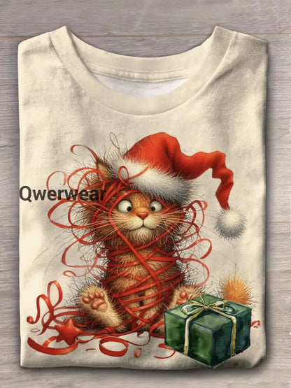 Funny Christmas Cat Crew Neck T-shirt Apricot / S Women\’s Tops