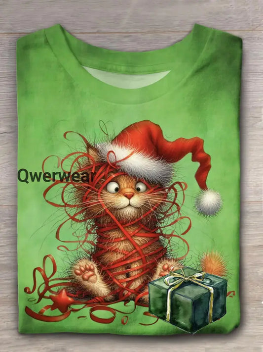 Funny Christmas Cat Crew Neck T-shirt Green / S Women\’s Tops