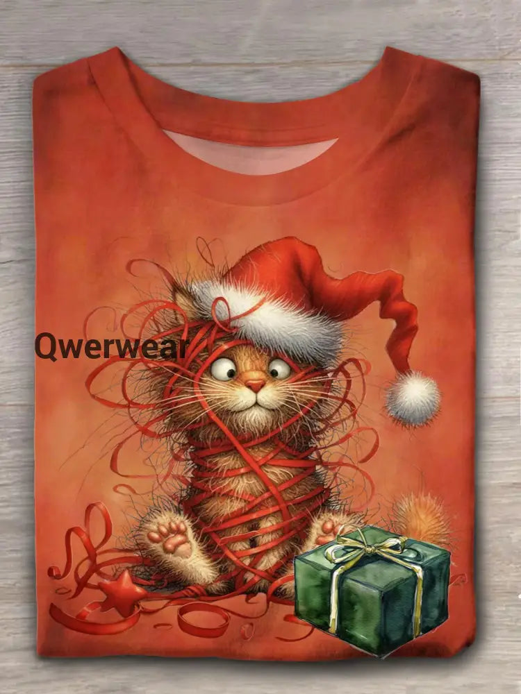 Funny Christmas Cat Crew Neck T-shirt Red / S Women\’s Tops