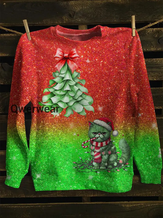 Funny Christmas Tree And Cat Long Sleeve Casual Top Mixed Color / S Women\’s Tops