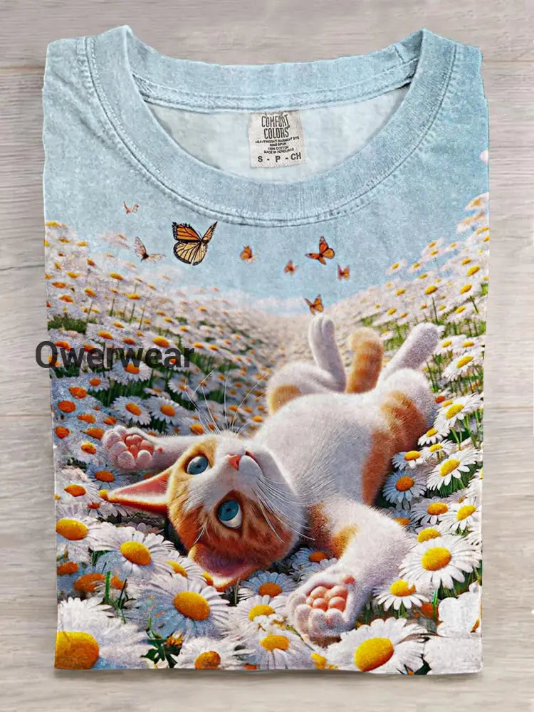 Garden Butterfly Cute Cat Print Crew Neck T-shirt Mixed Color / S