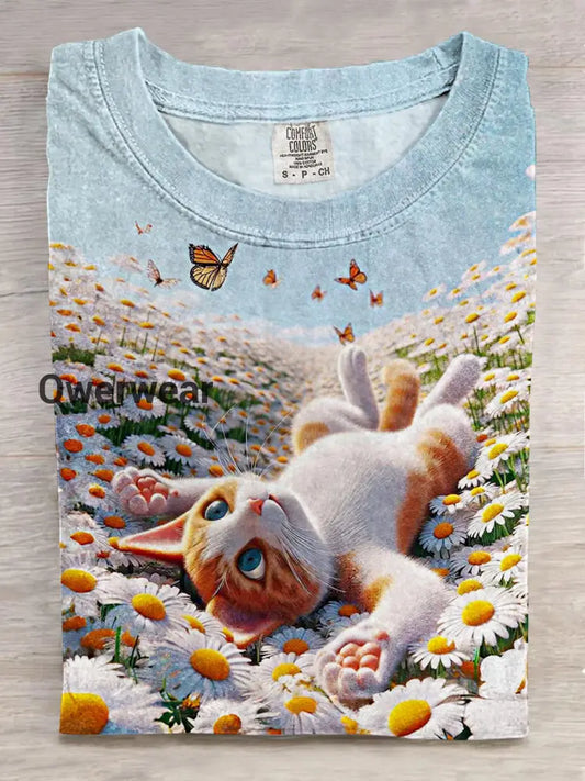 Garden Butterfly Cute Cat Print Crew Neck T-shirt Mixed Color / S