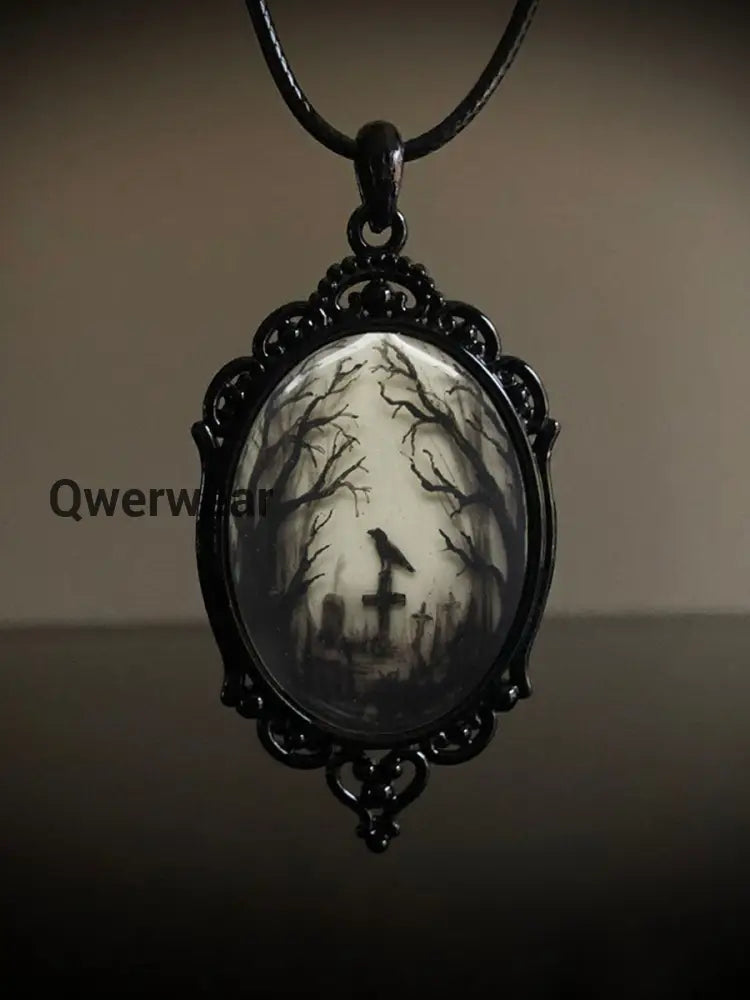 Gothic Crow Cross Glass Pendant Necklace White