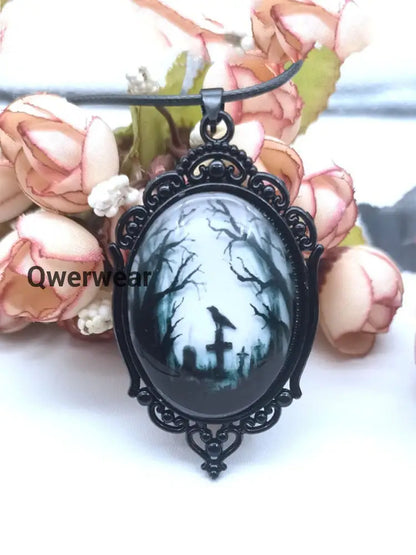 Gothic Crow Cross Glass Pendant Necklace White