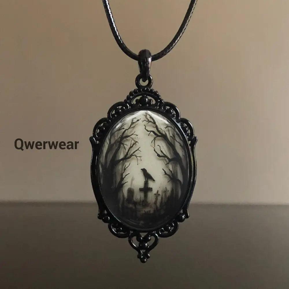 Gothic Crow Cross Glass Pendant Necklace White