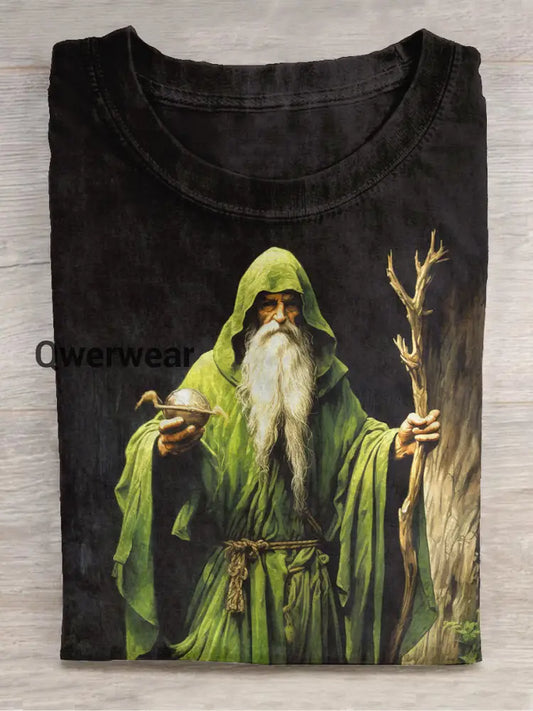 Green Robe Wizard Art Print Unisex Round Neck Short Sleeve Casual T-Shirt Black / S