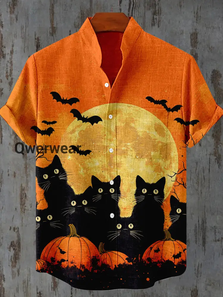 Halloween Black Cat Pumpkin Bat Print Casual Shirt Orange / S Mens shirts