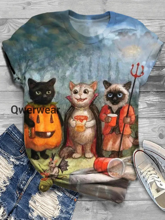 Halloween Cat Art Print Round Neck Casual T-Shirt A / S
