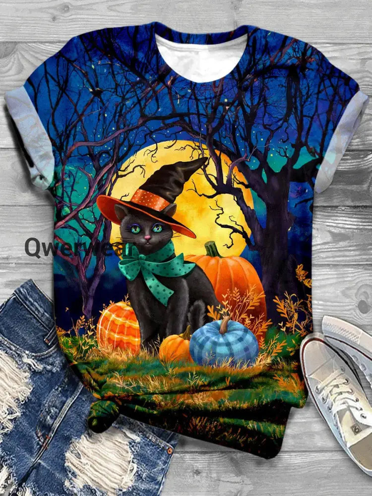 Halloween Cat Art Print Round Neck Casual T-Shirt D / S