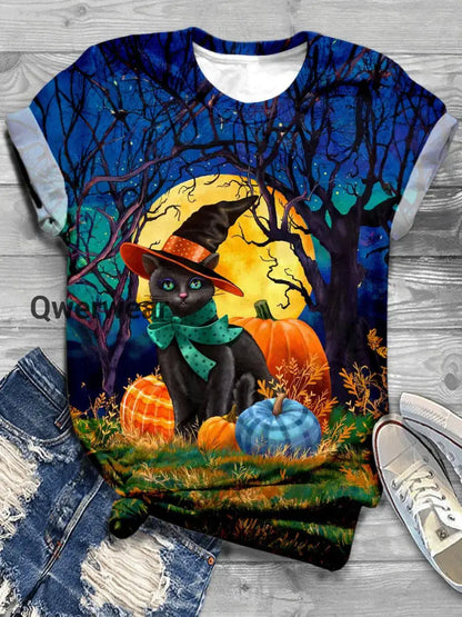 Halloween Cat Art Print Round Neck Casual T-Shirt D / S