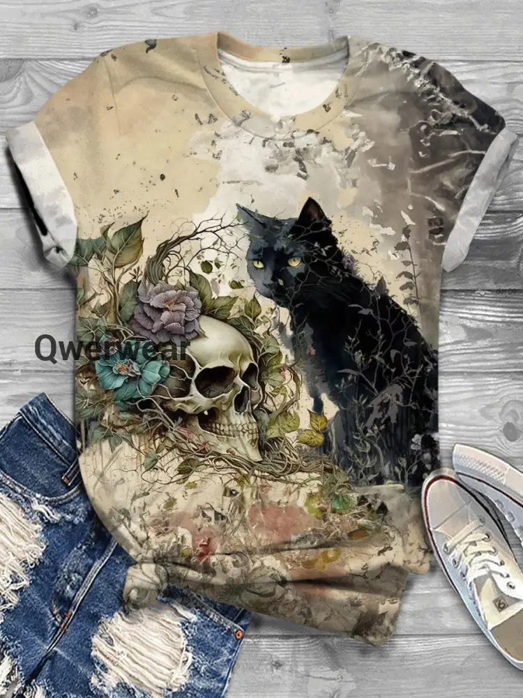 Halloween Cat Art Print Round Neck Casual T-Shirt E / S