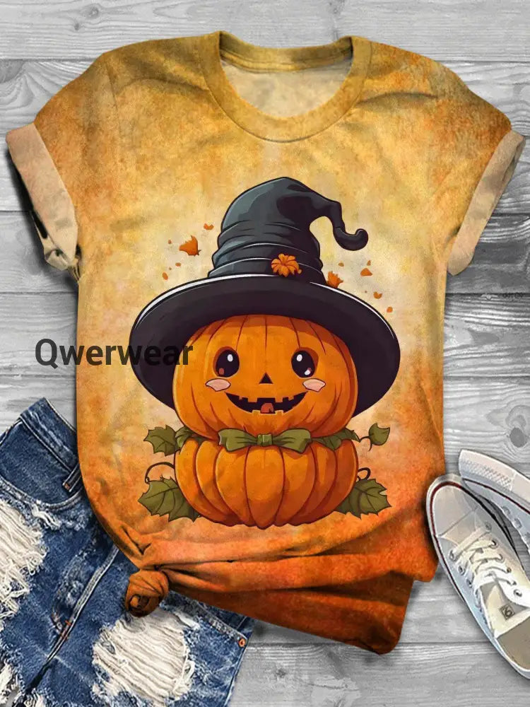Halloween Cute Pumpkin Witch Hat Print Casual T-Shirt As Picture / S