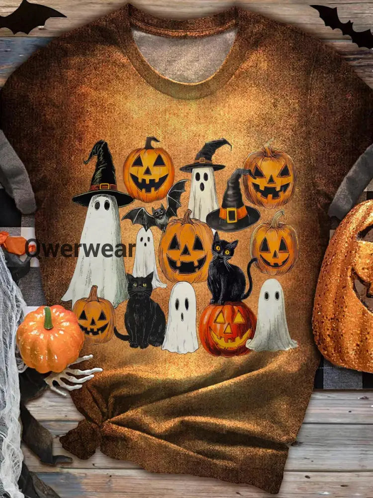 Halloween Ghost Pumpkin Cat Bat Print Casual T-Shirt As Picture / S