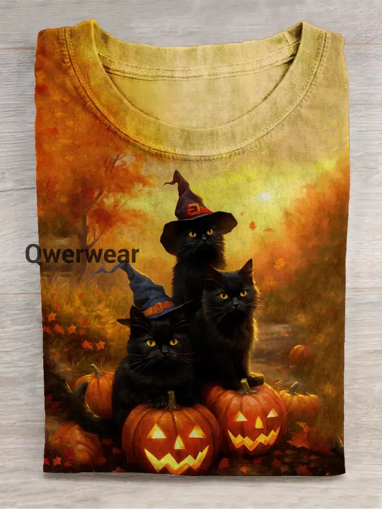 Halloween Pumpkin Monster Black Cat Art Print Unisex Crew Neck Short Sleeve Casual T-Shirt Orange / S