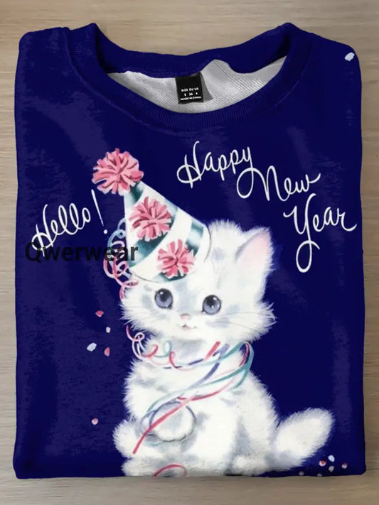 Hello Happy New Year Cute Cat Print Long Sleeve Top Mixed Color / S Women\’s Tops
