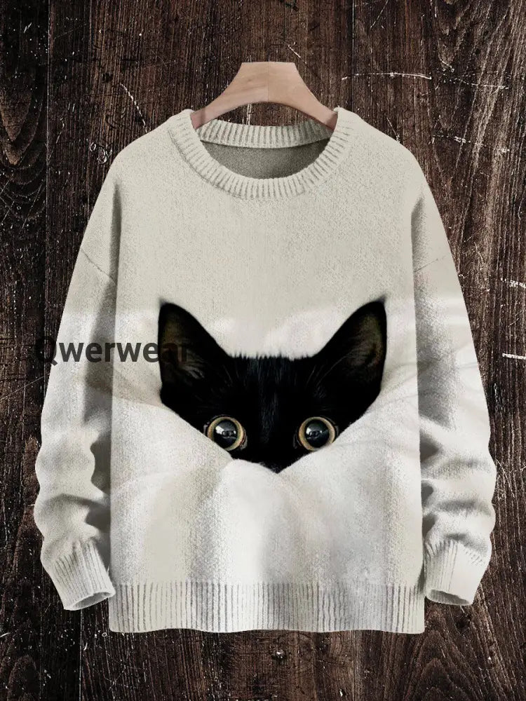 Hide and Seek Black Cat Print Unisex Crew Neck Long Sleeve Knit Sweater Off-White / S