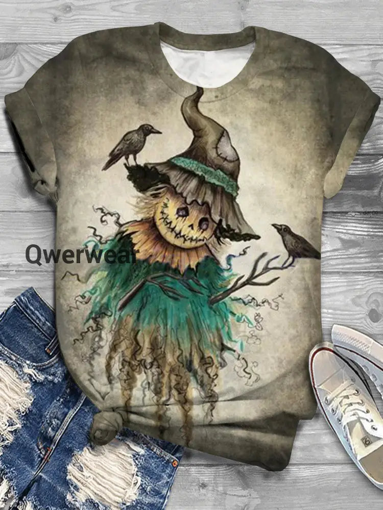 Horror Pumpkin Witch Hat Print Casual T-Shirt As Picture / S