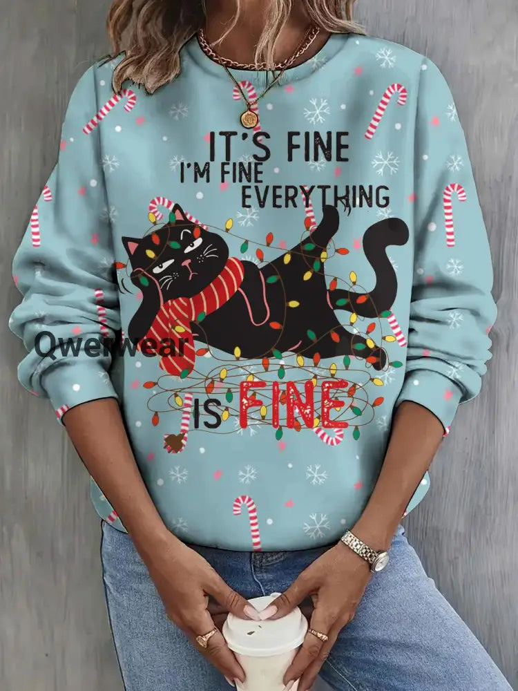 It’s Fine I’m Fine Everything Is Fine Cat Christmas Print Long Sleeve Top Mixed Color / S Women\’s Tops