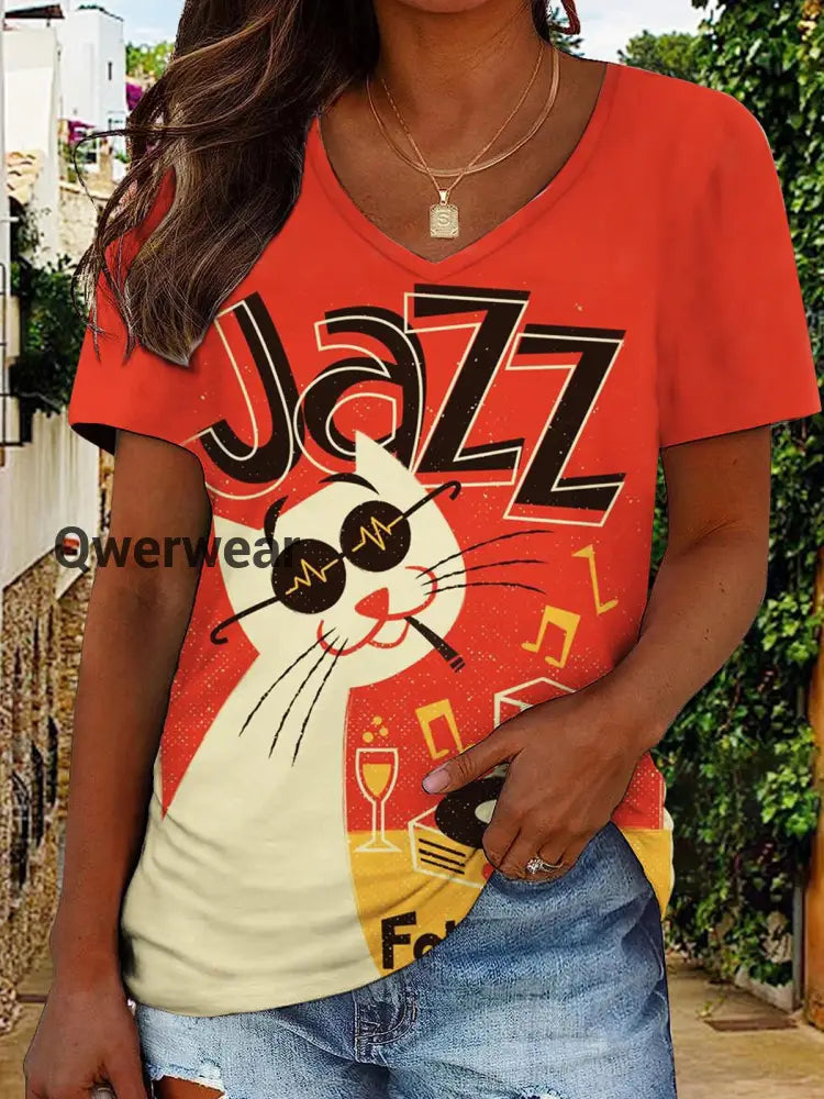 Jazz For Cats Print V-Neck Short Sleeve T-Shirt multicolor / S Women\’s Tops