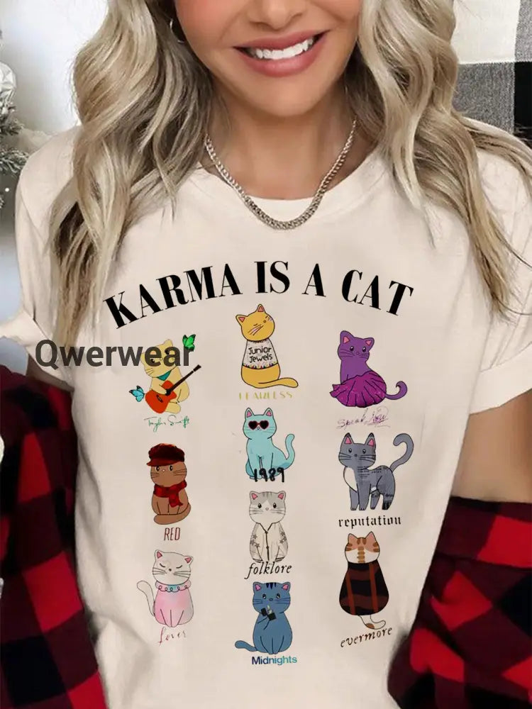 Karma Is a Cat Print Crew Neck T-shirt Mixed Color / S Women\’s Tops
