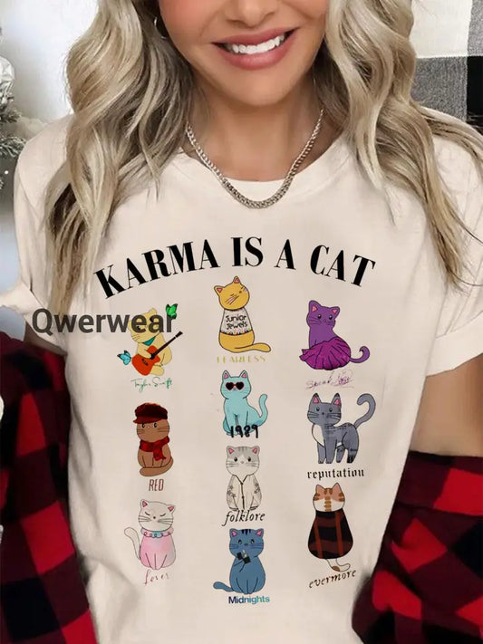Karma Is a Cat Print Crew Neck T-shirt Mixed Color / S Women\’s Tops