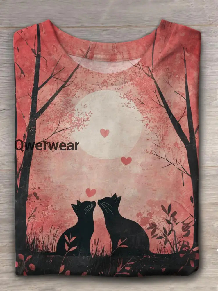 Kissing Cats Valentines Crew Neck T-shirt Mixed Color / S