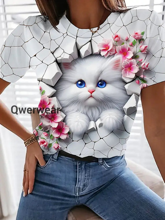 Kitten Hole In A Wall Crew Neck T-shirt Mixed Color / S Women\’s Tops