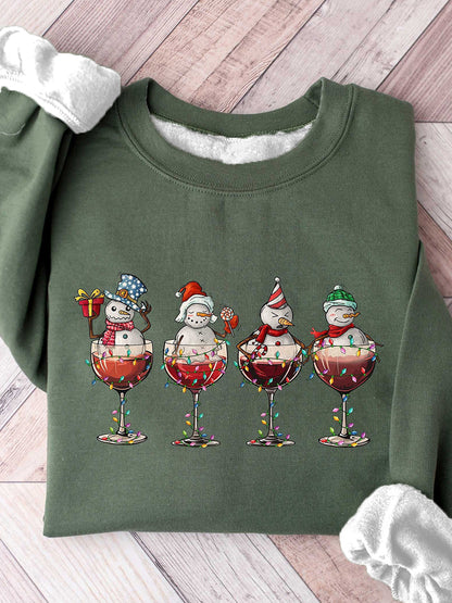 Unisex Wine Glass Snowman Pattern Casual Long Sleeve Crew Neck Sweatshirt