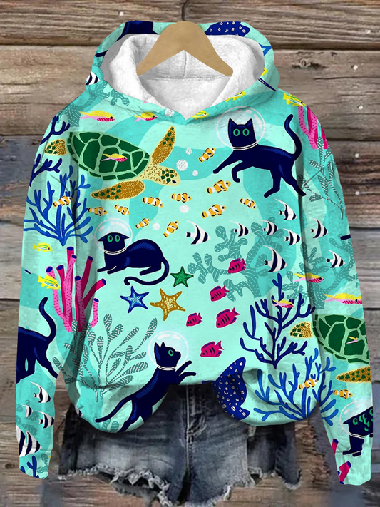 Cat Art Print Unisex Long Sleeve Casual Hooded Sweatshirt