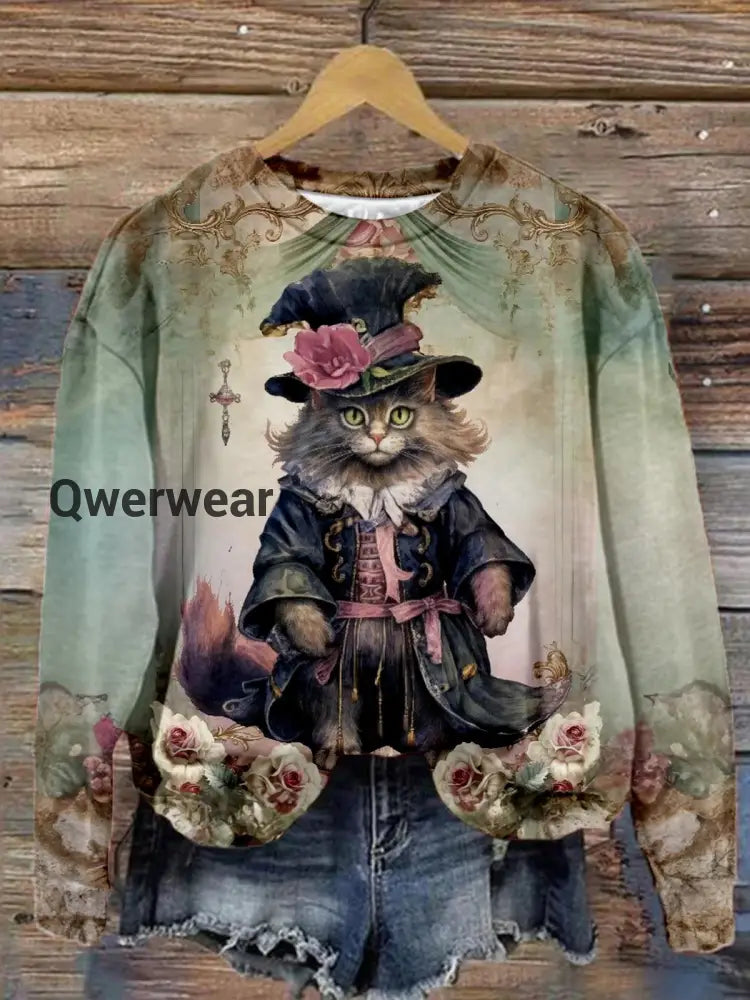 Lord Floral Cat Crew Neck Long Sleeve Casual Sweatshirt multicolor / S Halloween