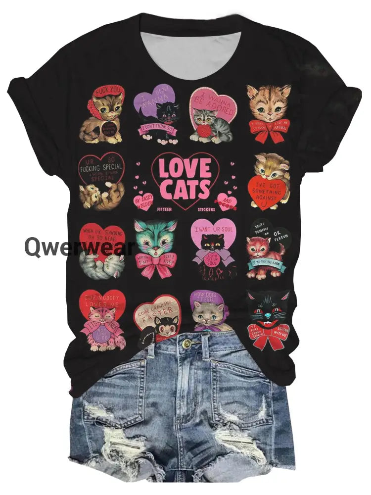 Love Cats Print Crew Neck T-Shirt multicolor / S Women\’s Tops